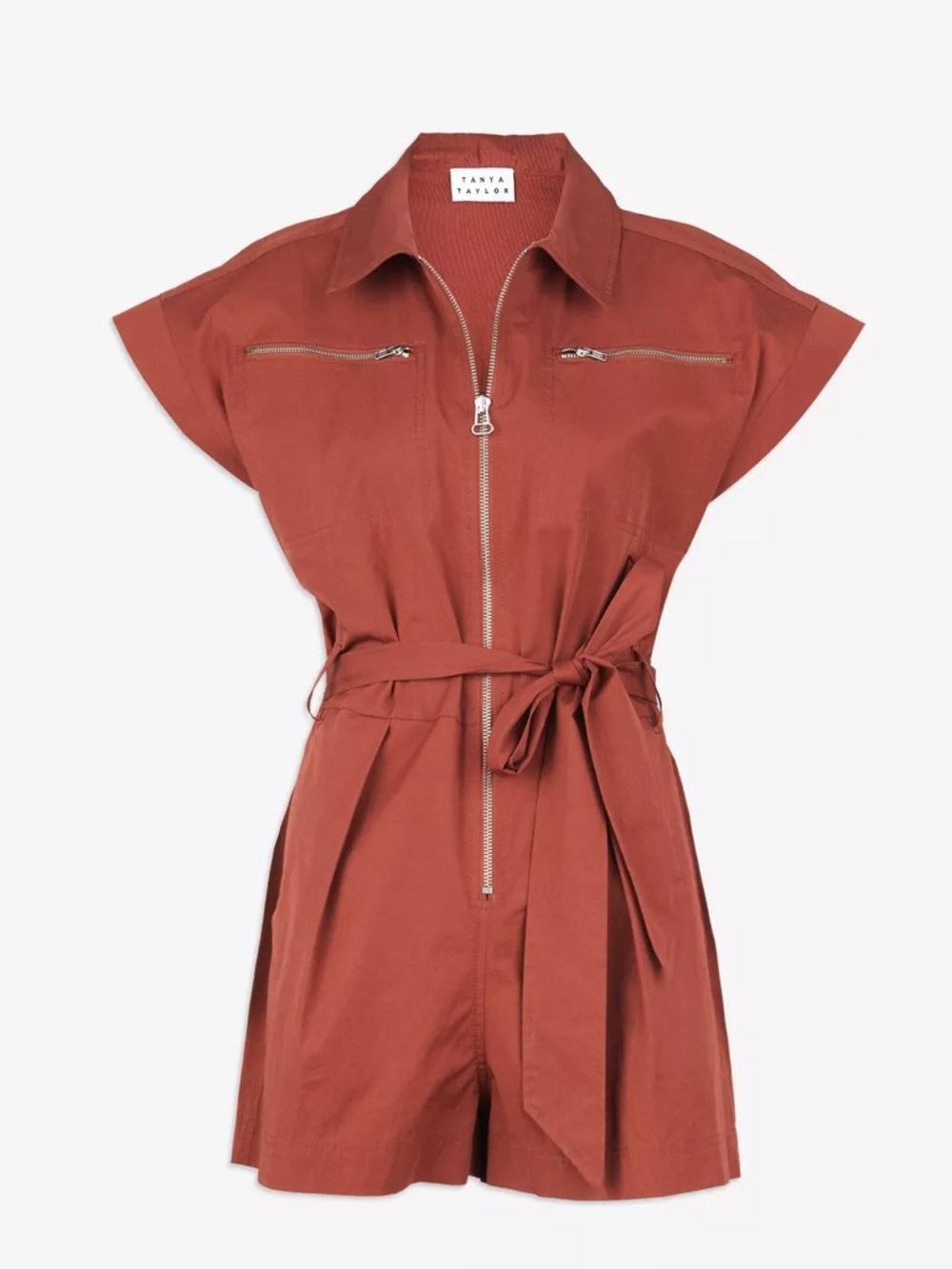 *no belt - Tanya Taylor Rust Zip-Front Short-Sleeve Utility Romper